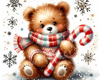 Peut inclure: Un ours en peluche brun portant une écharpe rayée rouge et blanche et une canne en sucre rouge et blanche. L'ours est assis sur un fond blanc avec des flocons de neige.