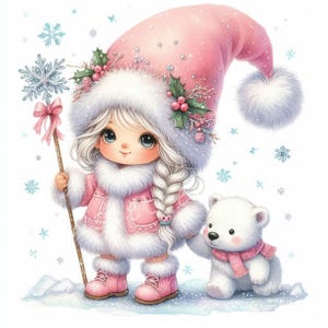 Gnomos amigos osos polares Clipart 10 JPG de acuarela de alta resolución Gnomo de invierno festivo, gnomo de copo de nieve Tarjetas navideñas, etiquetas de regalos de vacaciones de invierno