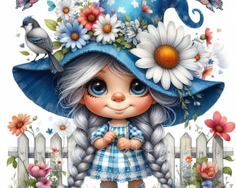 Imágenes prediseñadas de gnomos de primavera para jardín / Juego de 10 / JPEG de alta calidad de 300 DPI / Gnomos de jardín / Ilustraciones en acuarela para la decoración del hogar y el jardín