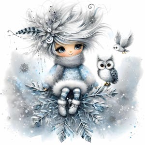Snowy Owl Keeper Clipart, Whimsical Home Decor, Gift For Her, Kitchen, Bedroom, Bathroom, Living Room, Entry way, House Warming, Commercial Use Whimsical Ephemera, Fantasy Junk Journal, Cute Dolls Paper Craft, Snow owl art print, art poster, bedroom wall art, for her, gallery wall art, gift idea, home wall decor, illustration print, kitchen art print, living room decor, owl illustration, quirky girl clipart, junk journal cute girl clipart, cozy winter clipart, winter wonderland, snow winter png