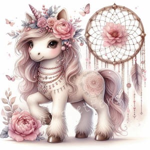 Boho Dreamcatcher Unicorn Clipart Bundle 10 High Res JPGs, Watercolor Boho Unicorn Clip art, Card Making, Junk Journals, Fantasy, Whimsical