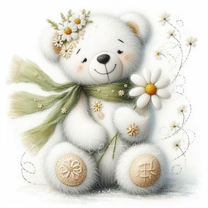 Daisy Delight Teddy bear Clipart / Set di 10 / JPEG di alta qualità a 300 DPI, arte dell'orso della scuola materna, Clipart primaverile, diario, album di ritagli, artigianato di carta
