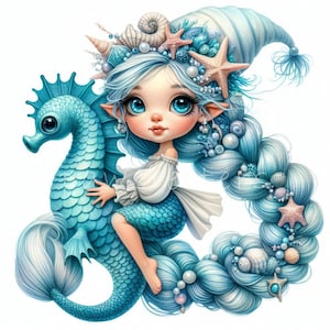 Zee avontuur kabouter clipart | Set van 10 | Hoge kwaliteit 300 dpi jpeg's | Onderwaterkabouter met zeepaardje | Oceaan-fantasykunst | Commercieel gebruik
