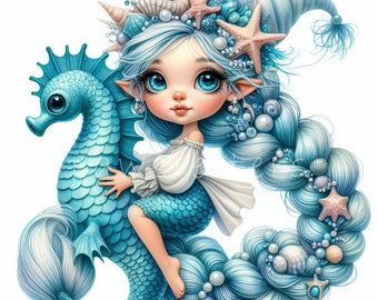 Gnomo de aventuras marinas, conjunto de 10, imágenes JPEG de alta calidad de 300 DPI, gnomo submarino con caballito de mar, arte de fantasía oceánica, uso comercial