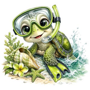 May include: A cartoon sea turtle wearing a green snorkel mask and lime green swim fins. The turtle is positioned near a spiral seashell, a green starfish, a white flower, and green coral, with water splashing around its flippers on the sand.
