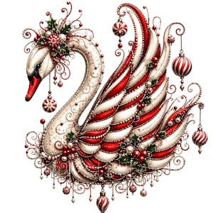 May include: A decorative swan illustration featuring white and red striped feathers, accented with holly leaves, red berries, and hanging peppermint-style ornaments. The swan has a red beak and intricate swirling filigree details throughout.