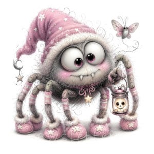 May include: A fluffy grey spider character wearing a pink star-patterned nightcap and matching pink slippers. The spider has large eyes, rosy cheeks, and two small fangs. It holds a small lantern containing a skull, with a butterfly hovering nearby.