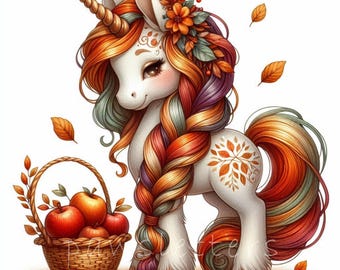 Könnte beinhalten: Ein weißes Einhorn mit einer langen, geflochtenen Mähne und einem Schwanz in Orange-, Rot-, Grün- und Violetttönen. Das Einhorn trägt eine Blumenkrone und hat ein goldenes Horn. Das Einhorn steht neben einem Korb mit roten Äpfeln.
