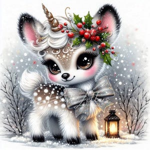 Christmas Fawn Unicorn Clip Art 10 High Res Watercolor JPGs Winter Animals, Cute Holiday Animals, Holiday Winter Xmas Digital Paper Craft