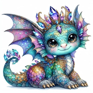 Crystal Crowned Patchwork Dragon Clipart  | 10 High Quality 300 DPI JPEGs | Quilted Baby Dragons | Fantasy Art Printables & Craft Designs