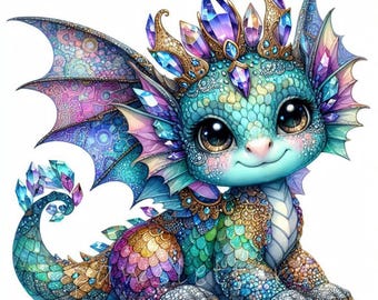 Crystal Crowned Patchwork Dragon Clipart  | 10 High Quality 300 DPI JPEGs | Quilted Baby Dragons | Fantasy Art Printables & Craft Designs