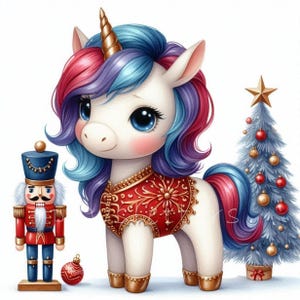 Clipart de unicórnio quebra-nozes de Natal - 10 JPGs em aquarela de alta resolução para diário de recortes, scrapbook, criação de cartões de Natal, download digital, caprichoso