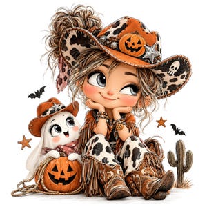 Può includere: Un'illustrazione a cartoni animati di un personaggio che indossa un cappello da cowboy con stampa mucca, un emblema di zucca e teschio, abbigliamento con frange e stivali. Accanto a loro siede un piccolo fantasma con un cappello abbinato.