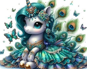 May include: A white unicorn with a blue and green mane and tail, wearing a gold and green jeweled dress and a peacock feather headdress. The unicorn is sitting on a white background.