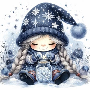 Gnomos coleccionistas de copos de nieve (10 imágenes en acuarela de alta resolución) Gnomo de invierno, tarjetas navideñas de gnomo de nieve, etiquetas de regalo para las fiestas de invierno