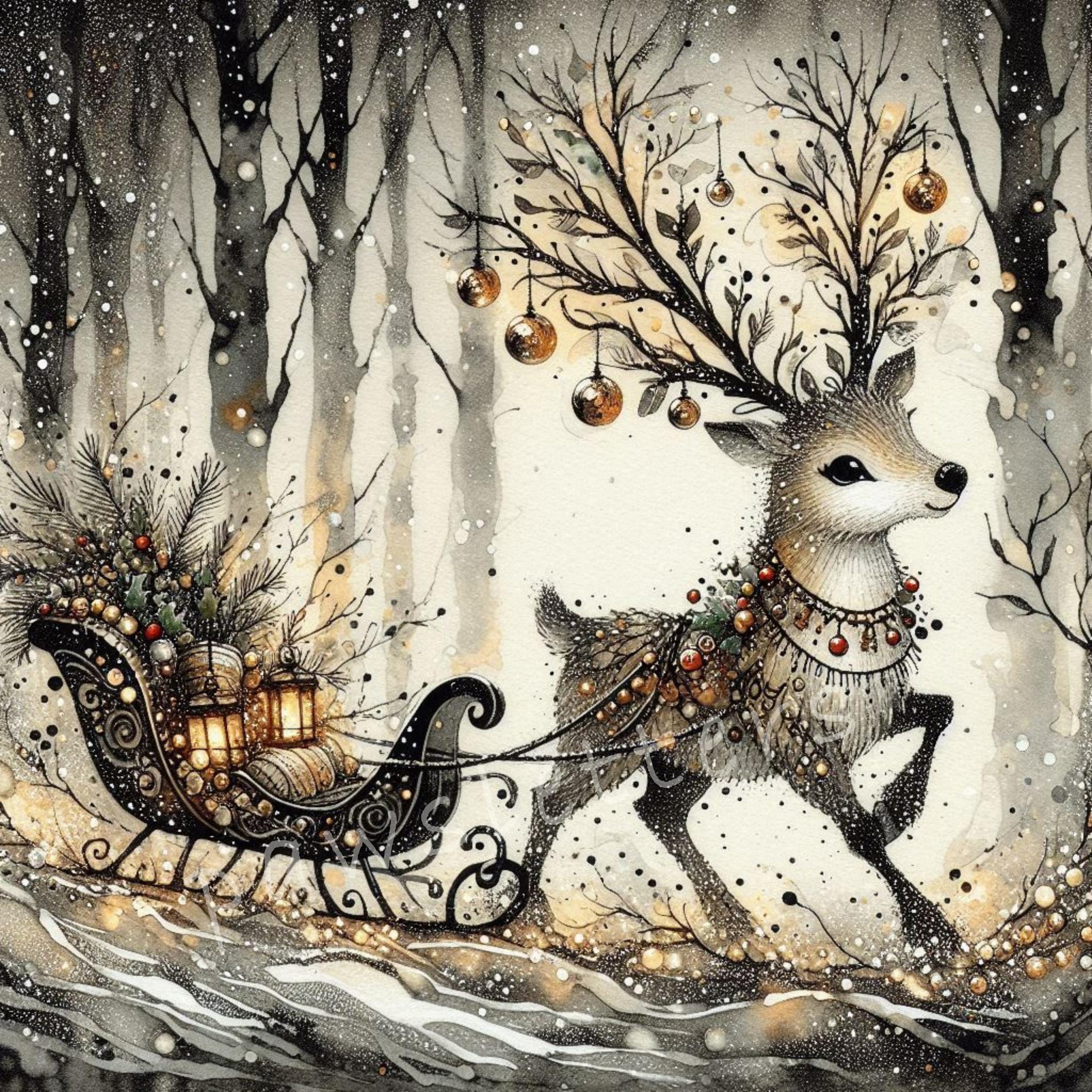 Woodland Reindeer Sleigh Clipart 10 High Res Watercolor Jpgs Christmas ...