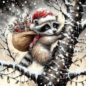 10 images JPG aquarelle haute résolution de livraison de cadeau de raton laveur de Noël Animaux de Noël, cartes de Noël, étiquettes cadeaux, travaux manuels de Noël à imprimer
