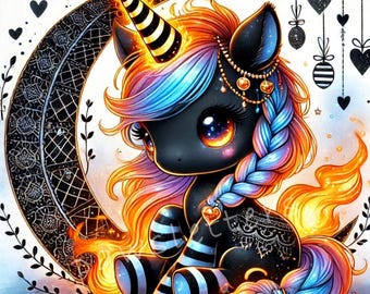Könnte beinhalten: Ein schwarzes Einhorn mit einer Regenbogenmähne und einem Regenbogen-Schwanz, das gestreifte Strümpfe und eine goldene Halskette trägt, sitzt auf einem Halbmond mit einem schwarzen und weißen Mandala-Muster. Das Horn des Einhorns steht in Flammen.