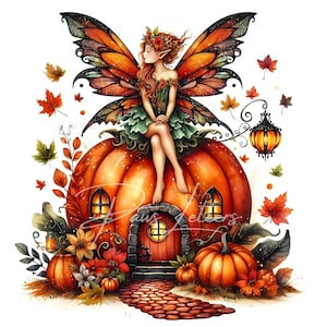 Clipart de calabaza y hada de otoño, 10 archivos JPG de alta calidad de 300 DPI, impresión de calabaza de Halloween, arte otoñal cottagecore, creación de tarjetas, acogedoras manualidades otoñales.