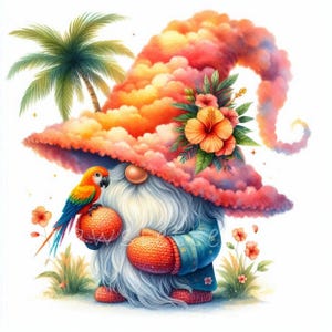 Clipart di gnomi al tramonto tropicale, 10 JPG di alta qualità, vivaio di gnomi da spiaggia estivi ad acquerello, stampabili per feste estive di gnomi in vacanza tropicale