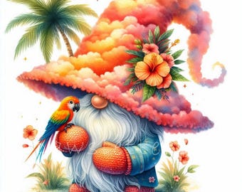 Clipart de gnomo de atardecer tropical, 10 archivos JPG de alta calidad, gnomo de playa de acuarela para guardería, imprimibles para fiesta de verano con gnomos de vacaciones tropicales