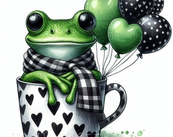 Valentine Frog in a Cup | Set of 10 | High Quality 300 DPI JPEGs | Watercolor Cute Frogs | Love Frog Printables | Cute Baby Animals Nursery