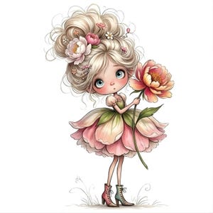 Könnte beinhalten: Illustration eines jungen Mädchens mit blondem Haar, das mit Blumen geschmückt ist. Sie trägt ein Kleid aus rosa und grünen Blütenblättern und hält eine große Blume. Ihre Stiefel sind rosa und türkis. Der Hintergrund ist weiß.