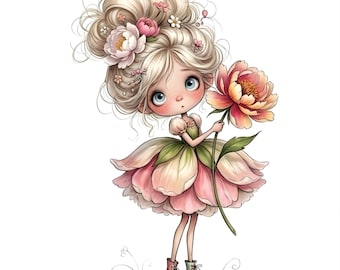 12 JPG Quirky Girl With Flowers Clip Art Clipart: Pink Peonies