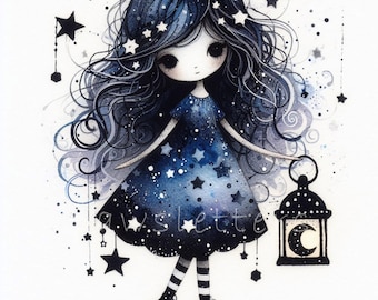 Quirky Girl Starry Night Clipart, Commercial Use, Whimsical Ephemera, Watercolor JPGs, Instant Download, Fantasy Junk Journal, Paper Craft
