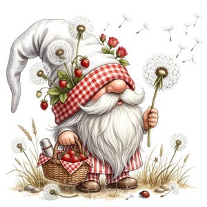 Può includere: Un'illustrazione stravagante di uno gnomo da giardino con una lunga barba bianca e un alto cappello bianco adornato con denti di leone, fragole e rose rosse. Lo gnomo tiene in mano un dente di leone e un cestino di fragole, con un thermos. È presente anche una coccinella.