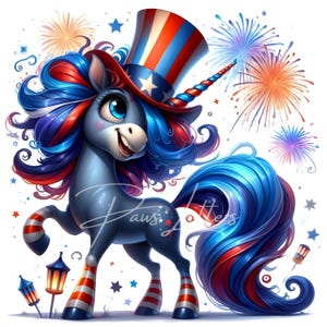 Quirky Patriotic Unicorn Clip Art 10 High Res Watercolor JPGs Junk Journaling, Scrapbook, Card Making, Digital Download, Fantasy, Whimsical