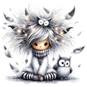 Whimsical Moonlit Owl Keeper Clip Art 10 High Res Watercolor JPGs Junk Journaling, Scrapbooking, Card Making, Fantasy, Whimsical art prints
