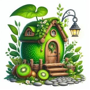 Kiwi Fairy House Clipart / Set di 10 / JPEG di alta qualità a 300 DPI / Graziose casette di frutta delle fate / Decorazioni da giardino / Giardino delle fate / Vivaio di frutta