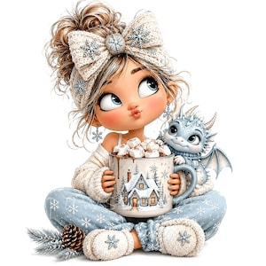 Op de afbeelding: Een cartoonillustratie van een personage met een hoge knot, een crèmekleurige gebreide hoofdband met sneeuwvlokken, een mok met warme chocolademelk en marshmallows, een kleine blauwe draak en een lichtblauwe broek met een sneeuwvlokpatroon.