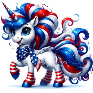 Quirky Patriotic Unicorn Clip Art 10 High Res Watercolor JPGs Junk Journaling, Scrapbook, Card Making, Digital Download, Fantasy, Whimsical