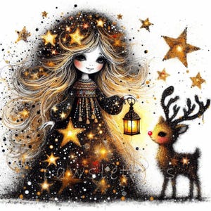 Clip Art de muñeca Holiday Star Gazer, 10 archivos JPG de acuarela de alta resolución para diario basura, álbum de recortes, creación de tarjetas, descarga digital, fantasía, caprichoso