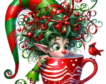 May include: A whimsical illustration of a Christmas elf peeking out of a large red and white striped mug. The elf has green hair, a red nose, and is wearing a green outfit. A red cardinal sits on the mug's handle. The elf is wearing a green and red hat.