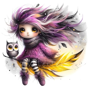 Clipart gardien hibou étoilé, 10 fichiers JPG 300 ppp de haute qualité, éphémères fantaisistes, scrapbooking, fabrication de cartes, carnet de fantaisie de jolies poupées