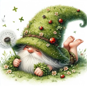 Meadow Dream Gnome Clipart | Zestaw 10 | Wysokiej jakości 300 DPI JPEGs | Akwarelowe wiosenne krasnale do scrapbookingu, dziennika, unikalnych papierowych rękodzieł