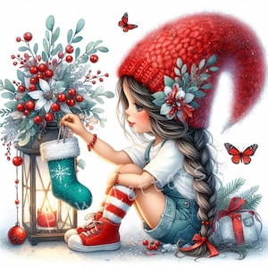 Gnome Stocking Surprise Clipart 10 fichiers JPG aquarelles haute résolution Gnomes de Noël enchanteurs, cartes de Noël, étiquettes de cadeaux de vacances, impressions de Noël