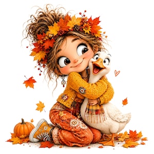Op de afbeelding: Een cartoonillustratie van een personage met warrig bruin haar versierd met oranje en rode herfstbladeren, gekleed in een geel gebreid vest en een oranje broek met patroon, die een witte gans met een geruite sjaal omhelst, met een pompoen.
