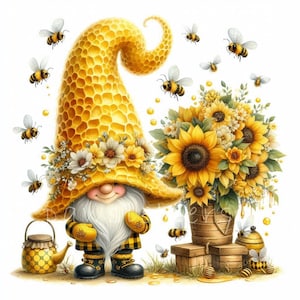 Honeybee Bloom Gnome Clipart | Set of 10 | High Quality 300 DPI JPEGs | Watercolor Spring Gnomes for Scrapbook, Journal, Unique Paper Crafts