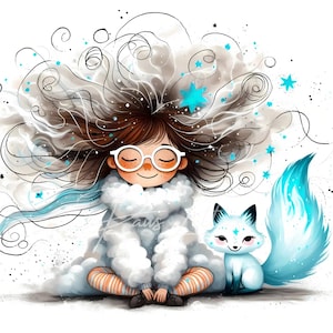 Schrulliges Mädchen und Fuchs Clip Art 10 hochauflösende JPGs in Aquarellfarben, Junk Journaling, Scrapbooking, Kartenherstellung, Digital Download, Fantasy, Skurril
