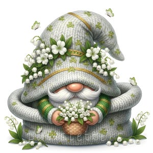 May include: A whimsical gnome illustration with a white knitted hat adorned with white flowers and green accents. The gnome has a long white beard, a red nose, and holds a basket of flowers. Green butterflies flutter around the gnome.