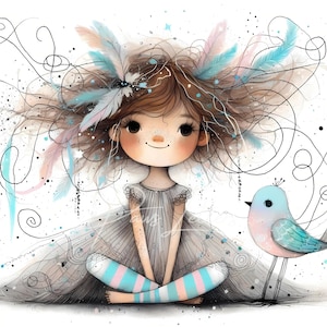 Clip art de una chica peculiar y un pájaro, 10 archivos JPG de acuarela de alta resolución, para diario basura, scrapbooking, creación de tarjetas, descarga digital, fantasía, caprichoso