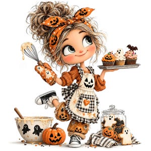 May include: A cartoon character with messy hair wearing an orange pumpkin-print headband, a brown sweater, and a white apron with a jack-o'-lantern print. The character holds a whisk and a tray of cupcakes, standing near a bowl and a jar of cookies.