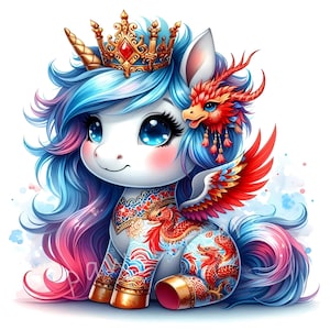 Image clipart licorne dragon porte-bonheur 10 fichiers JPG aquarelle haute résolution pour journal indésirable, scrapbooking, fabrication de cartes de l'année dragon, art du nouvel an chinois