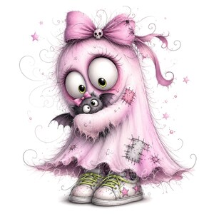 K&ouml;nnte beinhalten: Eine digitale Illustration eines flauschigen rosa Geisterwesens mit gro&szlig;en Augen, das eine rosa Schleife mit einem kleinen Totenkopf tr&auml;gt. Der Geist h&auml;lt eine kleine schwarze Fledermaus und tr&auml;gt wei&szlig;e Turnschuhe mit rosa Sternen. Rosa Sterne umgeben.