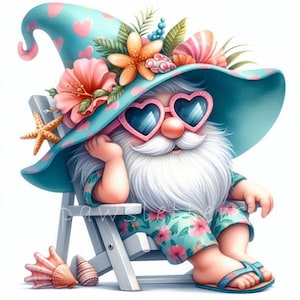 Summer Beach Gnome Clipart | Set of 10 | High Quality 300 DPI JPEGs | Beach Day Gnome Art | Tropical Vacation Gnome Summer Party Printables