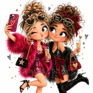 以下が含まれることがあります： カーリーヘアの2人のキャラクターがパーティー衣装を着用。1人はピンクのスパンコールドレスとふわふわのジャケットを着て、グリッターのスマホを持っている。もう1人は黒のスパンコールドレスとふわふわのジャケットを着て、シャンパングラスを持っている。サングラスにはNew Year Bestiesと書かれている。